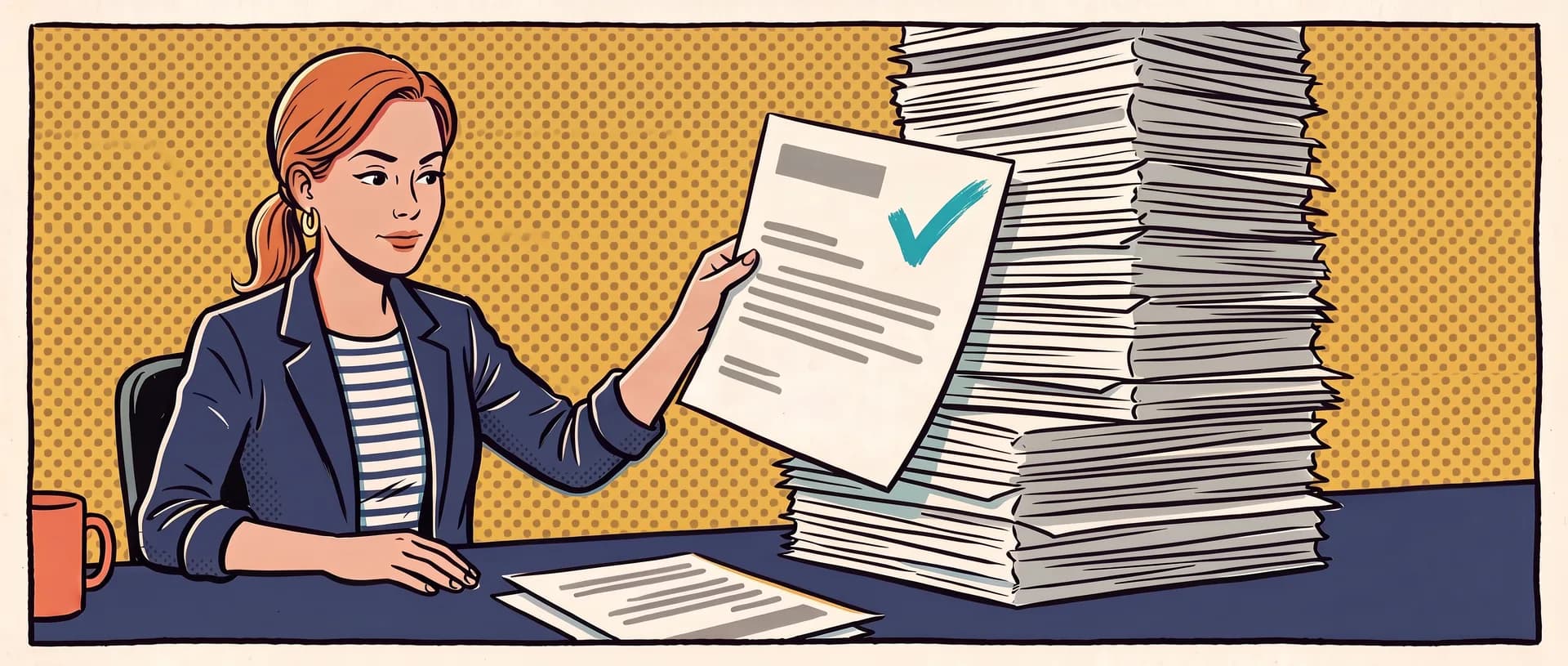 Illustration of a hiring manager at her desk beside a stack of identical pages taller than she is, holding up the one page she pulled out, which has a bold aqua check mark in its corner.