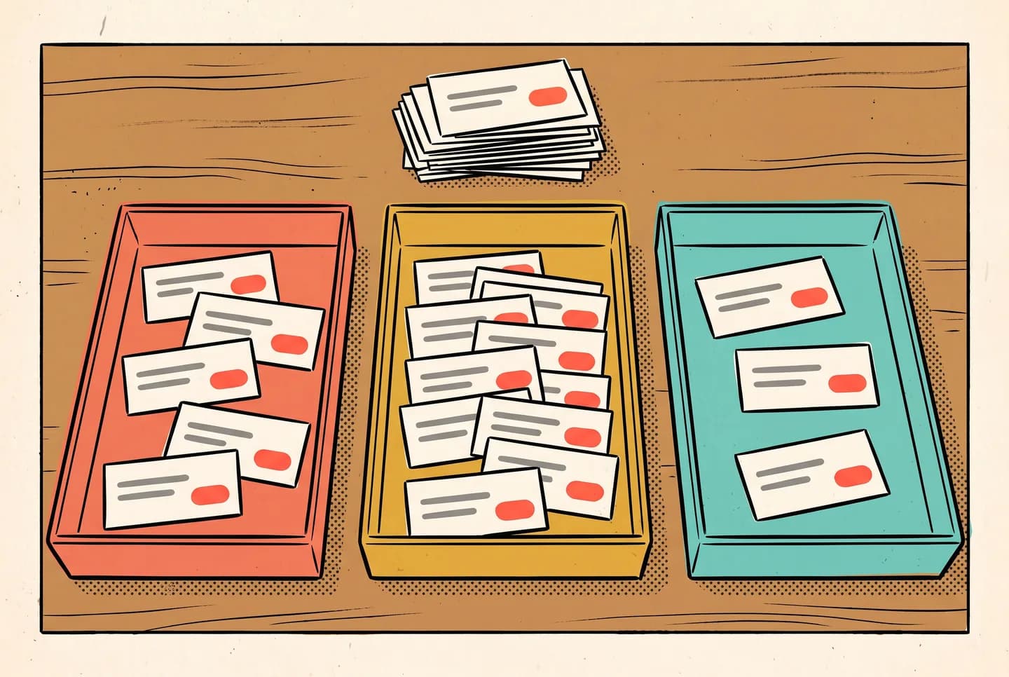 Illustration of three open trays on a wooden table, one coral, one mustard and one aqua, each holding identical offer cards, with a loose stack of unsorted cards above them. The mustard tray holds the most cards and the aqua tray the fewest.