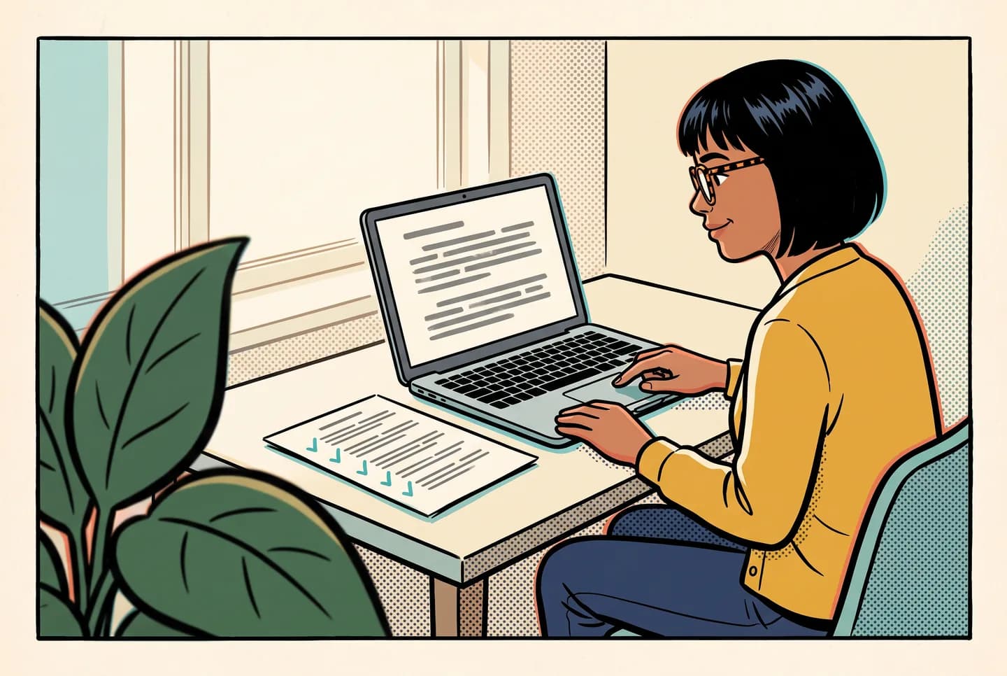 Comic panel of a job seeker at her laptop by a sunny window, about to submit her application, with a fully checked-off copy of her resume lying beside her.