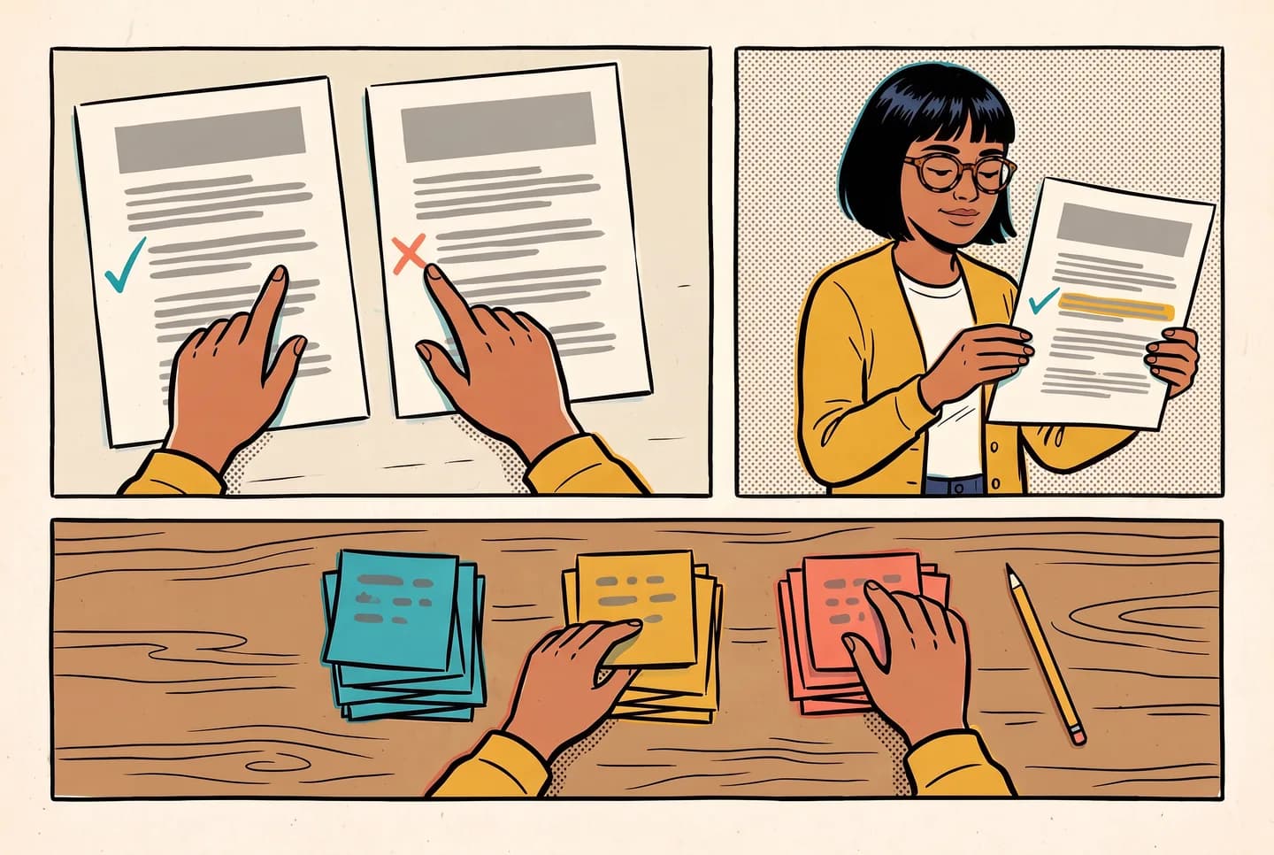 Comic strip in three panels. A job seeker rests her fingers on a check mark and a cross that two reviewers left beside the same line of her resume, then lines that line up against the job posting and settles it, then sorts small notes into three colored piles.