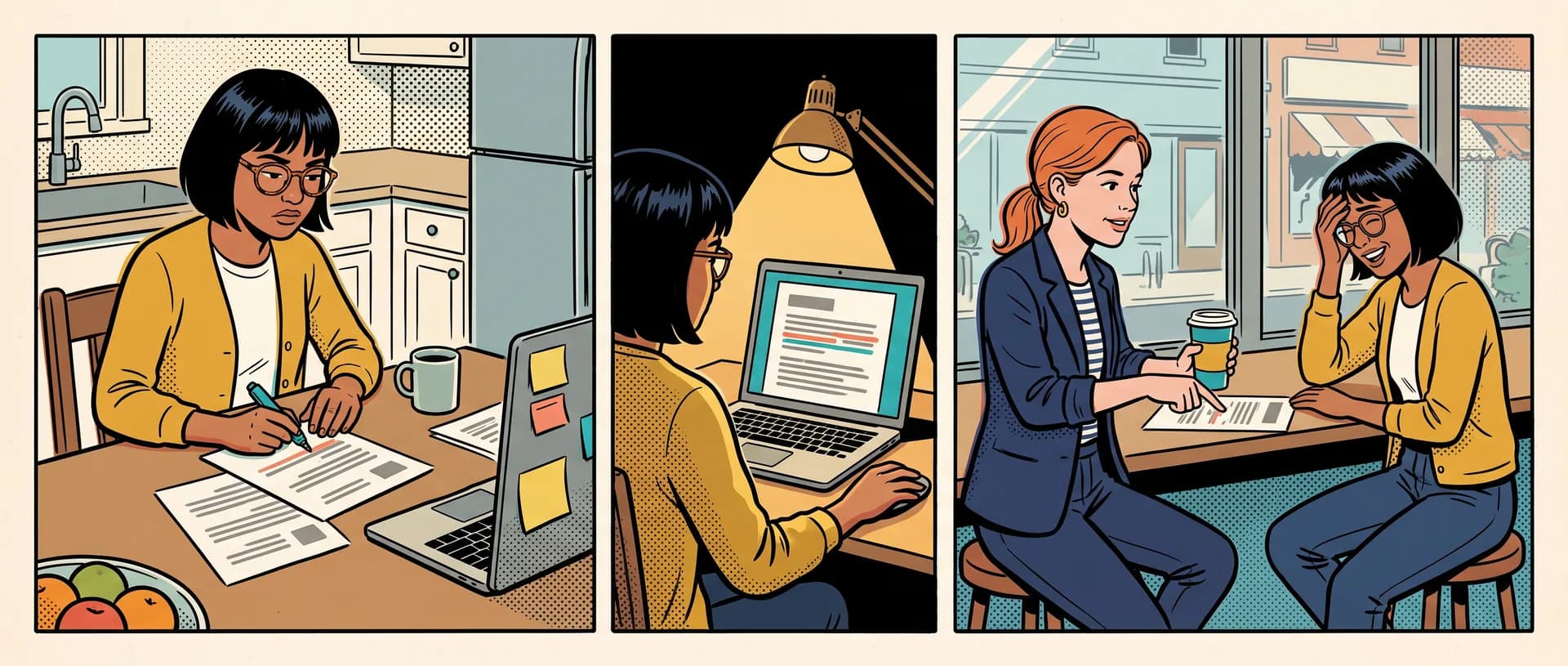 Comic strip in three panels. A job seeker crosses out a line on her resume at the kitchen table, checks a marked-up scan of it on her laptop late at night, then laughs at herself in a café as a hiring manager taps the line she should fix.