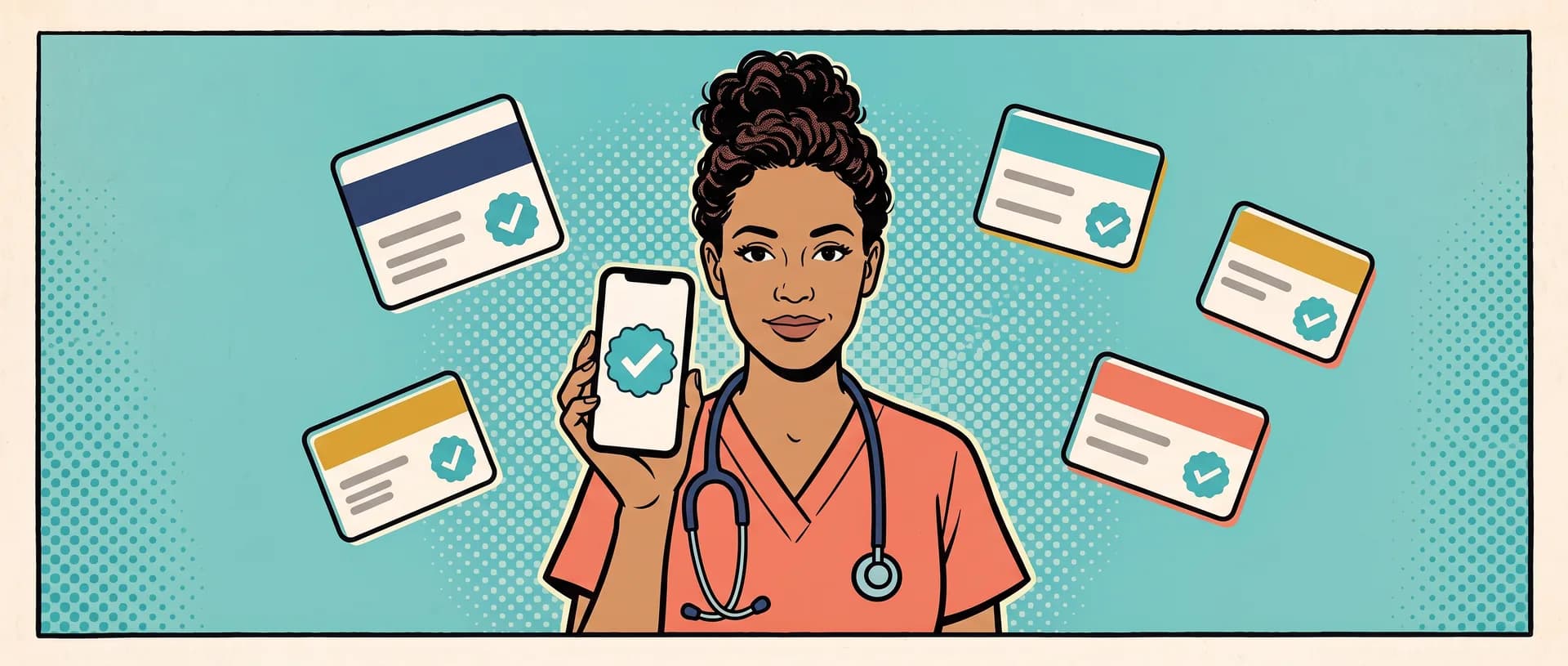 Illustration of a nurse in coral scrubs holding up her phone, which shows a large check-mark seal, while five credential cards, each with its own check-mark seal, float around her head.